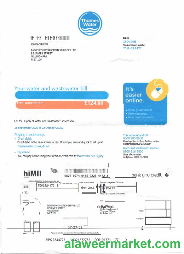 United Kingdom Thames Water utility bill template in Word and PDF formats, version 2
